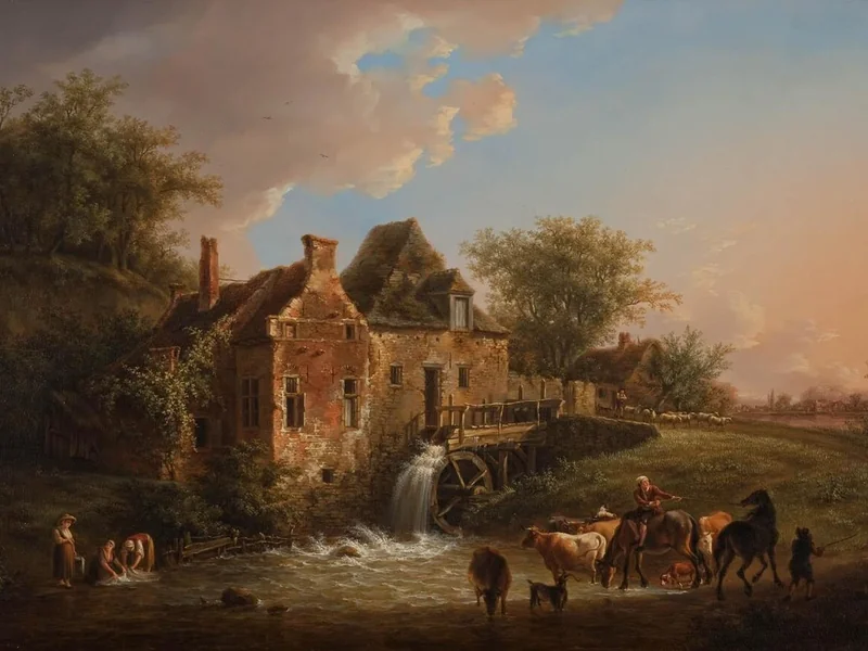 1774-Henri Van Assche - Paesaggio con mulino e figure